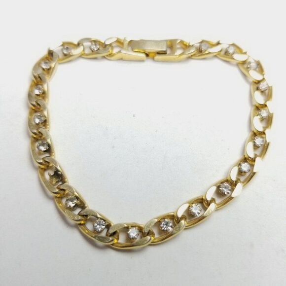 Vintage Gold Tone Chain Bracelet with Rhinestones, Stacking Classic Estate - Picture 1 of 6